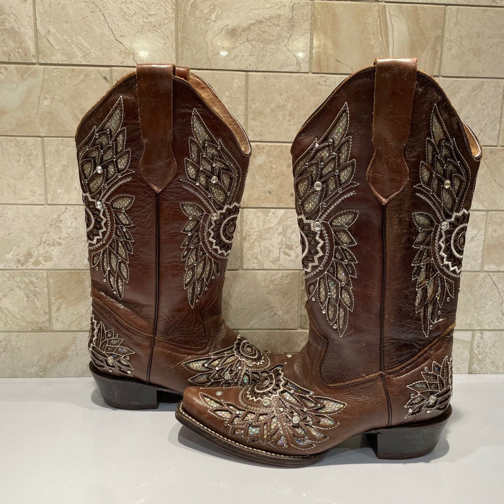 Sergal Brown Leather Embroidered Glitter Snip Toe Western Cowboy Boots Womens 8